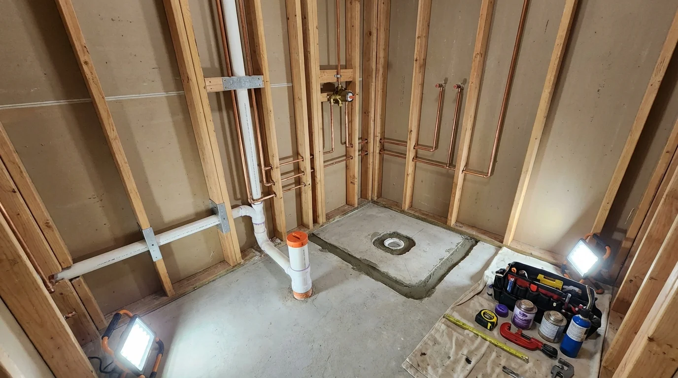 Bathroom rough-in plumbing during remodel by Johns Plumbing LLC in Union City