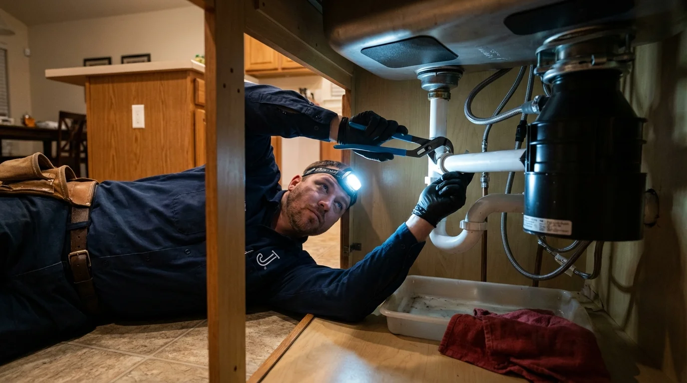 P-trap and supply line connections under a kitchen sink showing a common leak point in Union City, CA